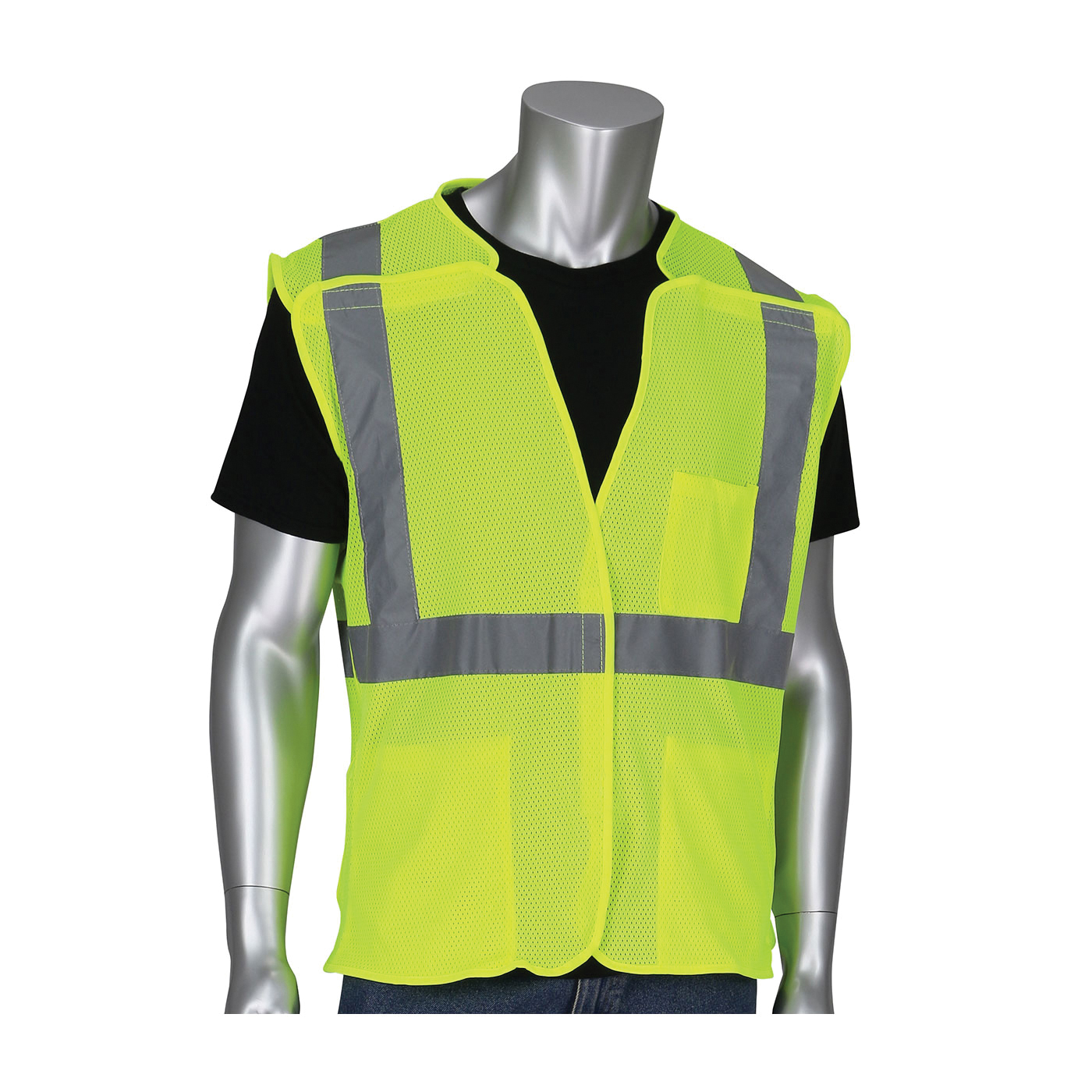 PIP® 302-5PMVLY-Safety Vest, Hi-Viz Lime Yellow, Polyester, Hook and Loop Closure, 3 Pockets, ANSI Class: Class 2, Specifications Met: ANSI 107 Type R