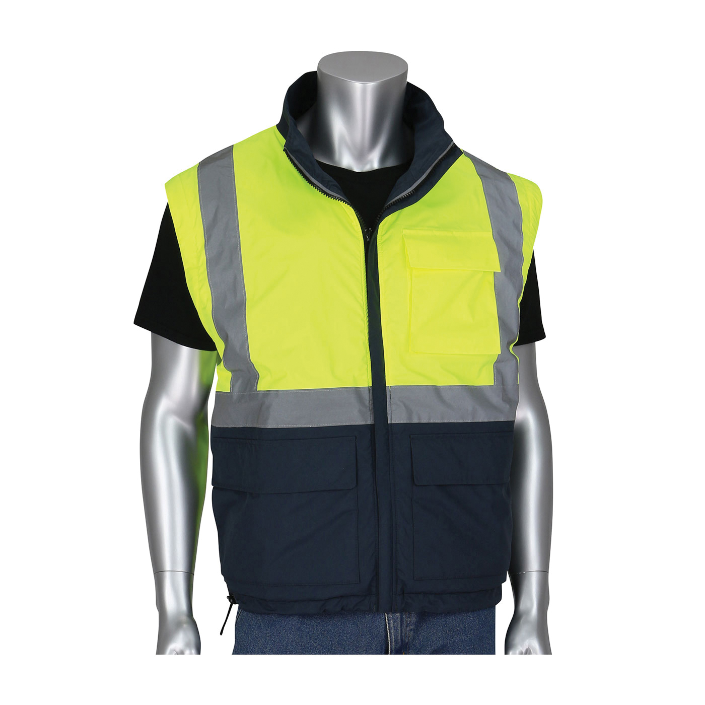 PIP® 333-1500-R 333-1500-R 4-in-1 Multi-Seasonal Lightweight Reversible Windbreaker Jacket With Detachable Sleeves, Dark Gray/Hi-Viz Lime Yellow, Polyester, Resists: Water, ANSI 107 Type R Class 3