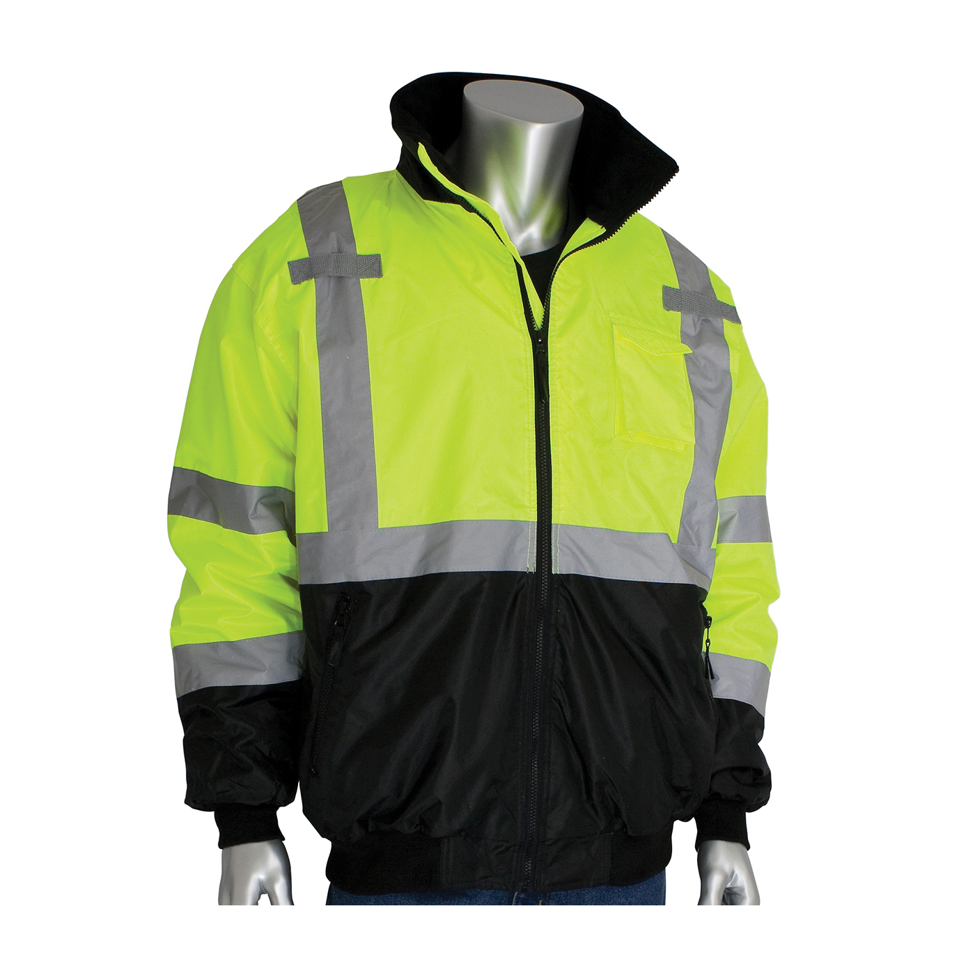 PIP® 333-1766-LY/2X Bomber Jacket With Zip-Out Fleece Liner, Hi-Viz Lime Yellow, Polyester, 63 in Chest, Resists: Water, Specifications Met: ANSI 107 Class 3 Type R