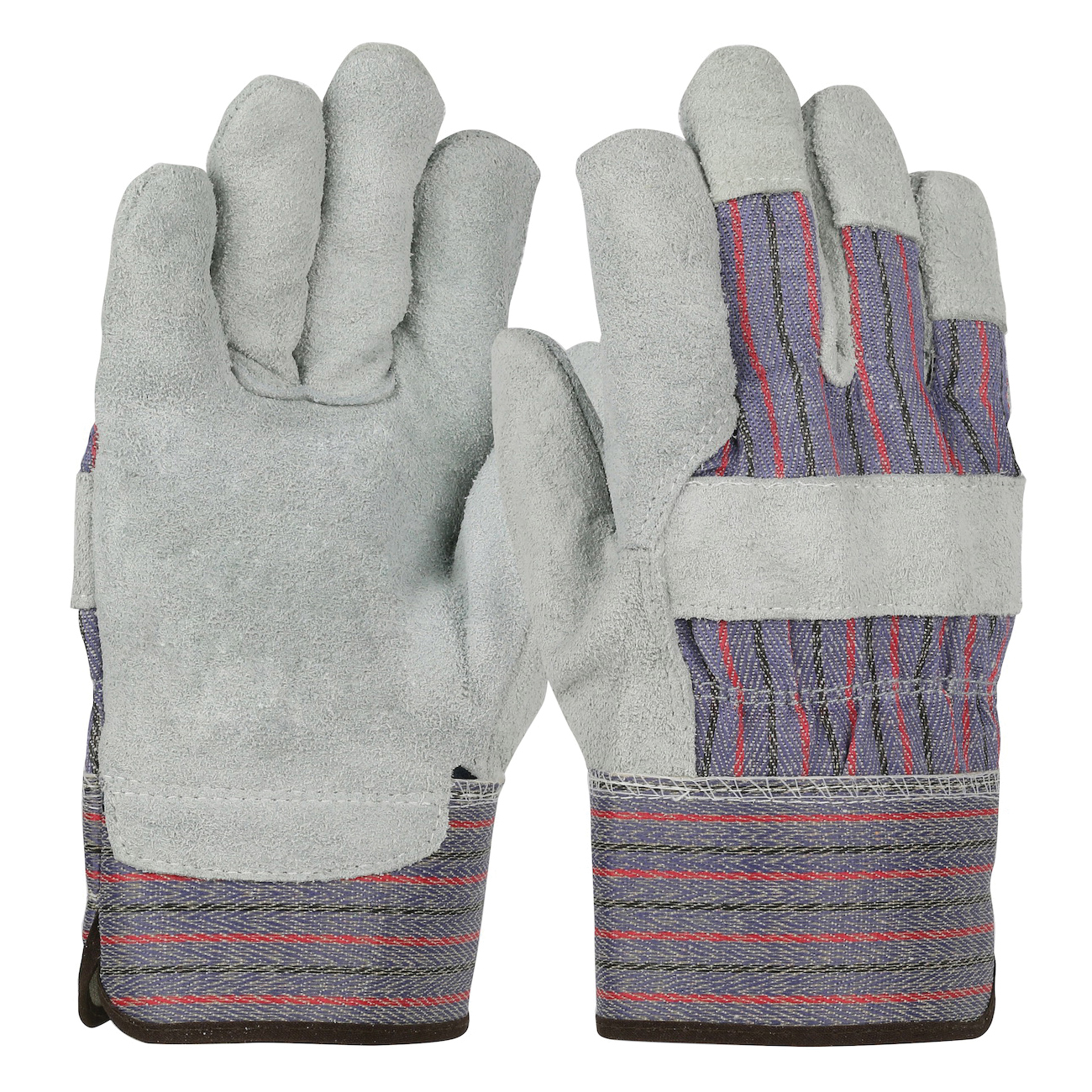 PIP® 558/XL Men's General Purpose Gloves, Leather Palm/Work, Full Finger/Wing Thumb Style, XL, Standard Split Cowhide Leather Palm, Cotton/Standard Split Cowhide Leather, Blue/Red, Rubberized Safety Cuff, Fleece Lining