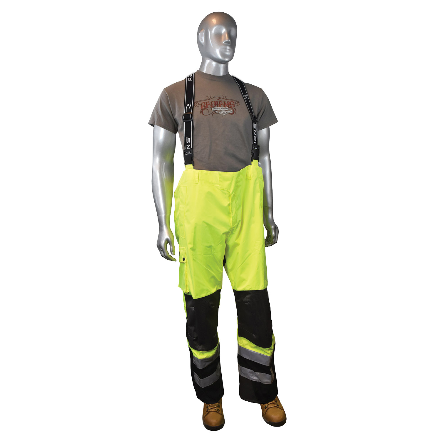 Radians® RW32-EZ1Y-2X Breathable Heavy Duty Water Proof Pant With Bib, Hi-Viz Green, 300 Denier Polyurethane Coated Ripstop Oxford Polyester