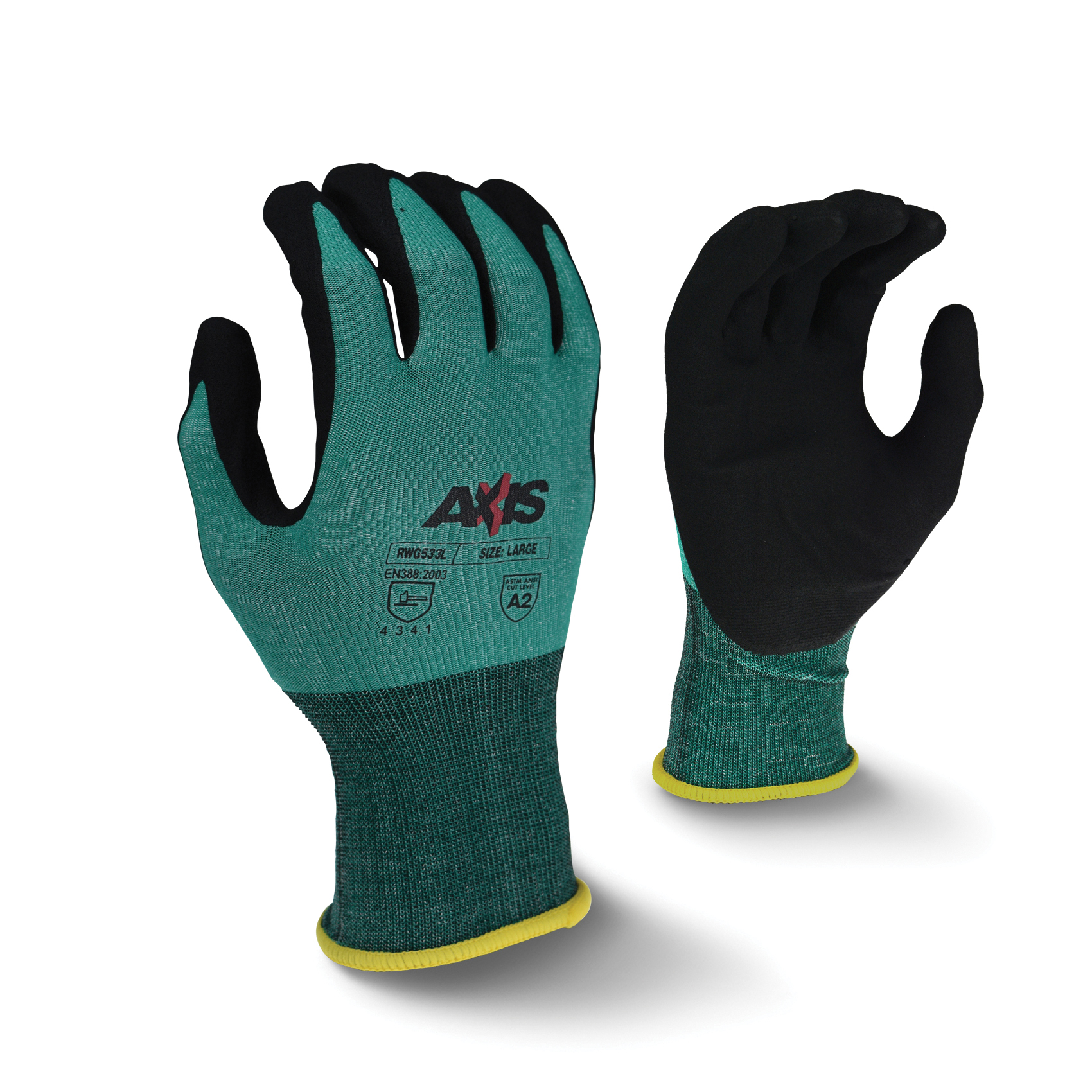 Radians® RWG533 Axis™ General Purpose Gloves, Coated, HPPE Palm, HPPE, Black/Green, Seamless Cuff, Sandy Foam Nitrile Coating, Resists: Abrasion, Cut, Puncture and Tear; 18 Gauge