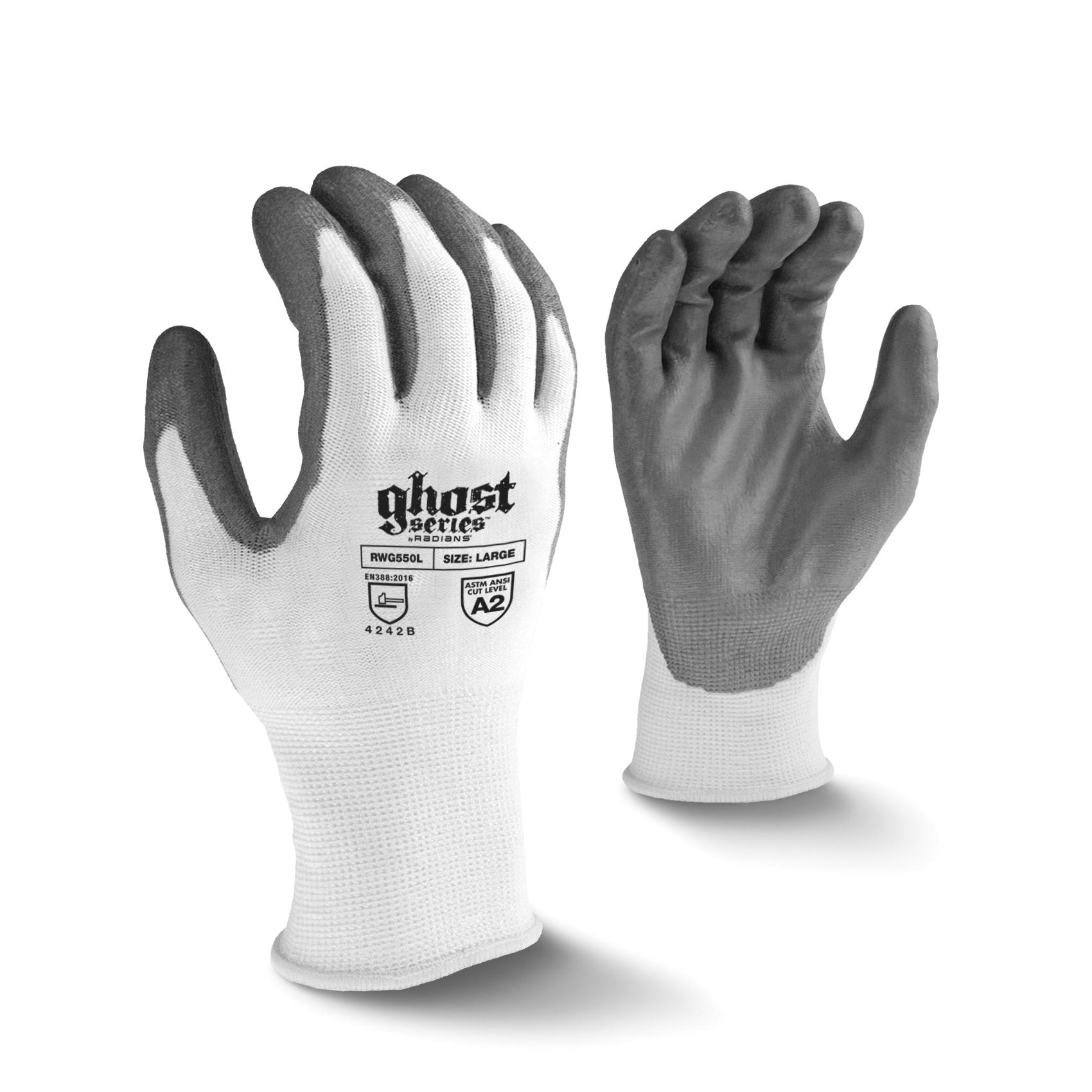 Radians® RWG550L GHOST™ Cut Resistant Gloves, L, Polyurethane Coating, HPPE, Resists: Abrasion, Cut, Puncture and Tear, ANSI Cut-Resistance Level: A2