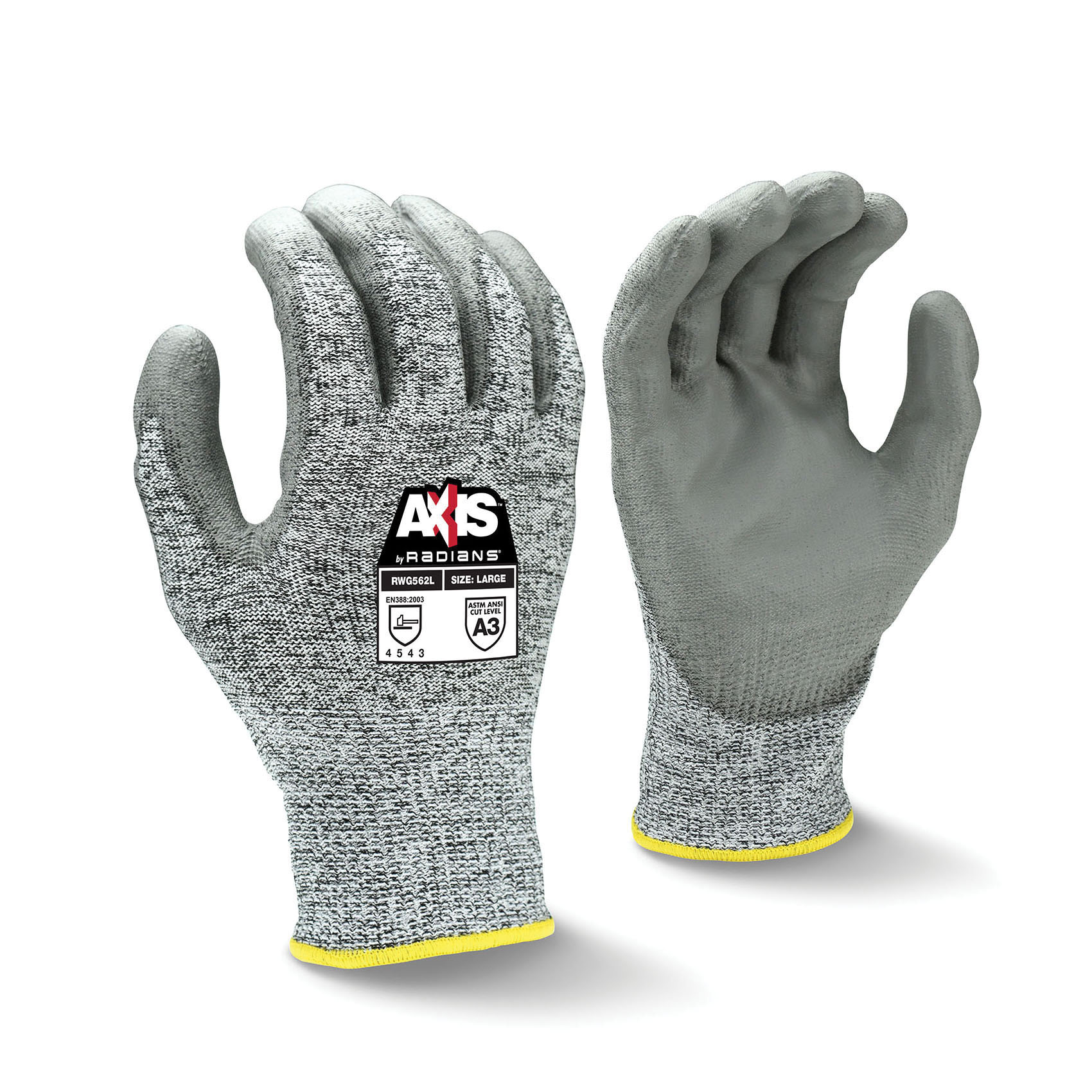 Radians® RWG562L AXIS™ Cut-Resistant Gloves, L, Polyurethane Coating, 13 ga HPPE, Seamless Cuff, Resists: Abrasion, Cut, Tear and Puncture, ANSI Cut-Resistance Level: A3, ANSI Puncture-Resistance Level: 4