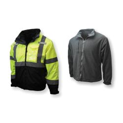 Radians® SJ210B-3ZGS 3-in-1 Deluxe Bomber Jacket, Black/Hi-Viz Green, Polyester, Specifications Met: ANSI/ISEA 107-2010 Class 3