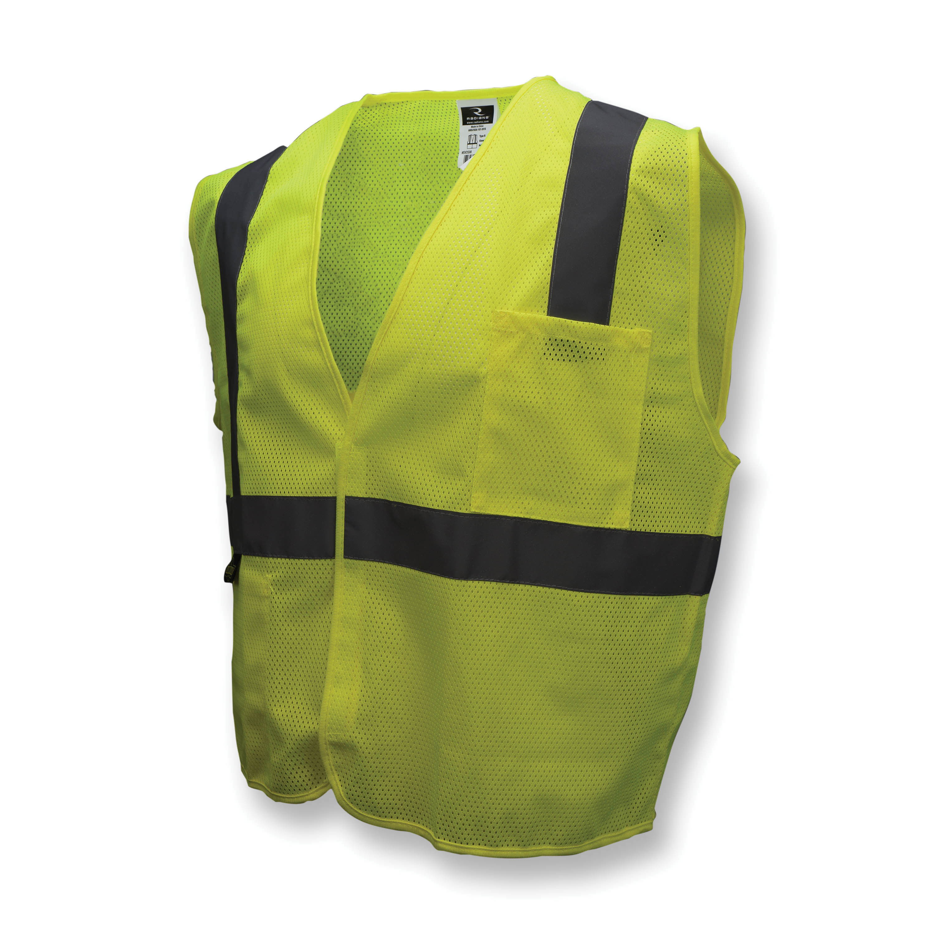 Radians® SV2GM Economy Safety Vest, Hi-Viz Green, Polyester Mesh, Hook and Loop Closure, 2 Pockets, ANSI Class: Class 2, Specifications Met: ANSI/ISEA 107-2010