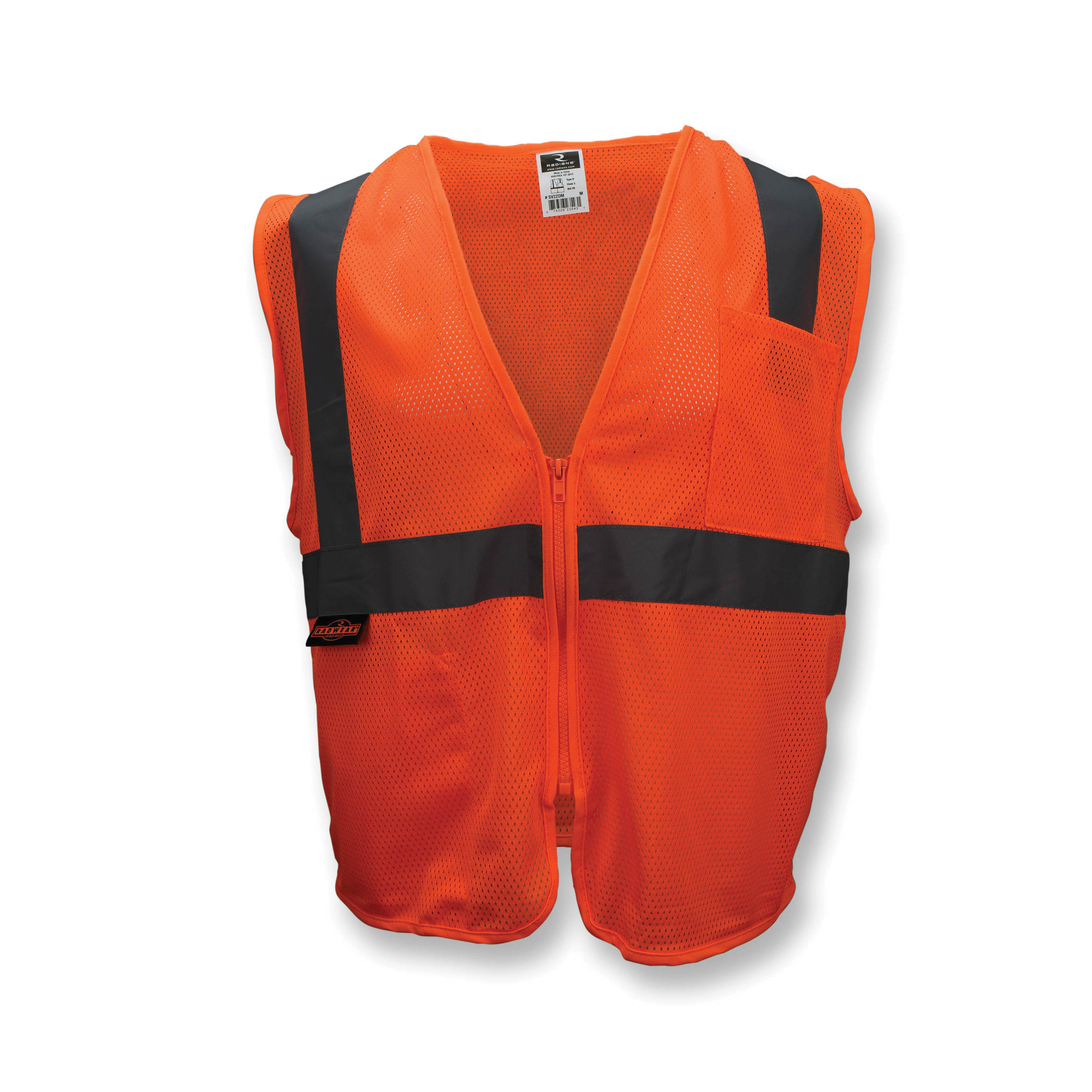 Radians® SV2ZO Economy Safety Vest, Hi-Viz Orange, Polyester Mesh, Zipper Closure, 2 Pockets, ANSI Class: Class 2, Specifications Met: ANSI/ISEA 107-2010