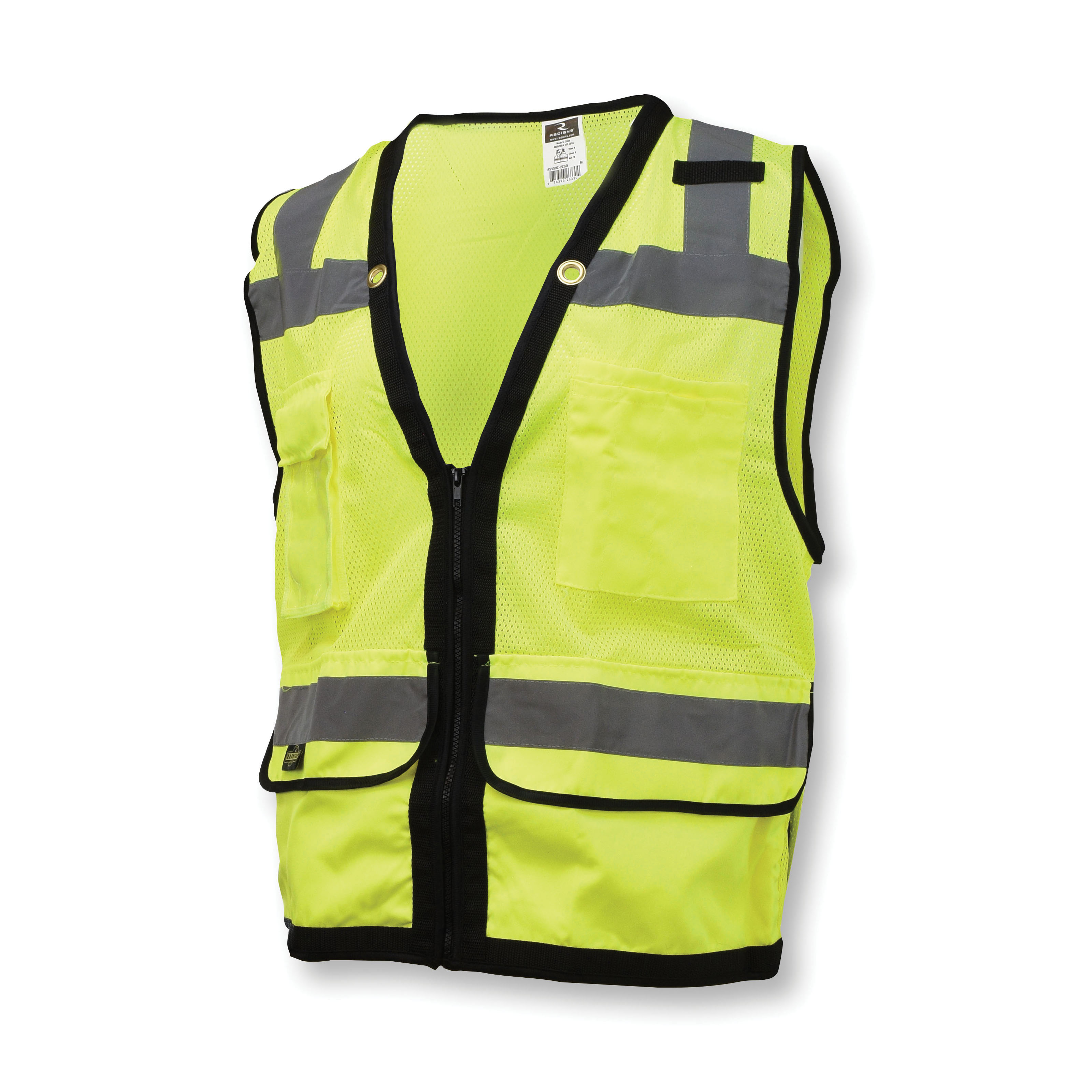 Radians® SV59Z-2ZGD Heavy Duty Surveyor Safety Vest, Hi-Viz Green, Polyester Mesh, Zipper Closure, 9 Pockets, ANSI Class: Class 2, ANSI/ISEA 107-2015