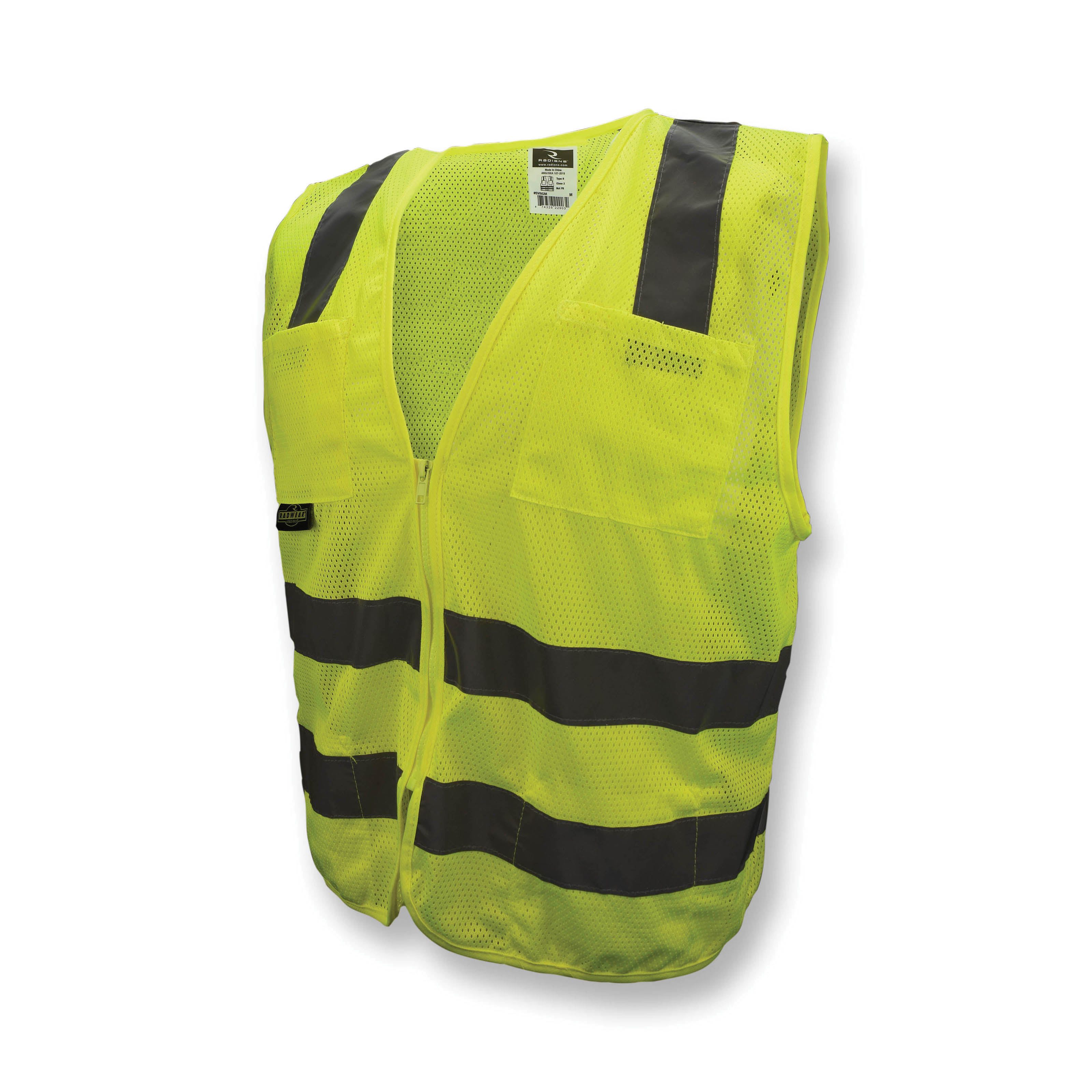 Radians® SV8GMM Standard Safety Vest, M, Hi-Viz Green, Polyester Mesh, Zipper Closure, 6 Pockets, ANSI Class: Class 2, ANSI/ISEA 107-2015 Type R