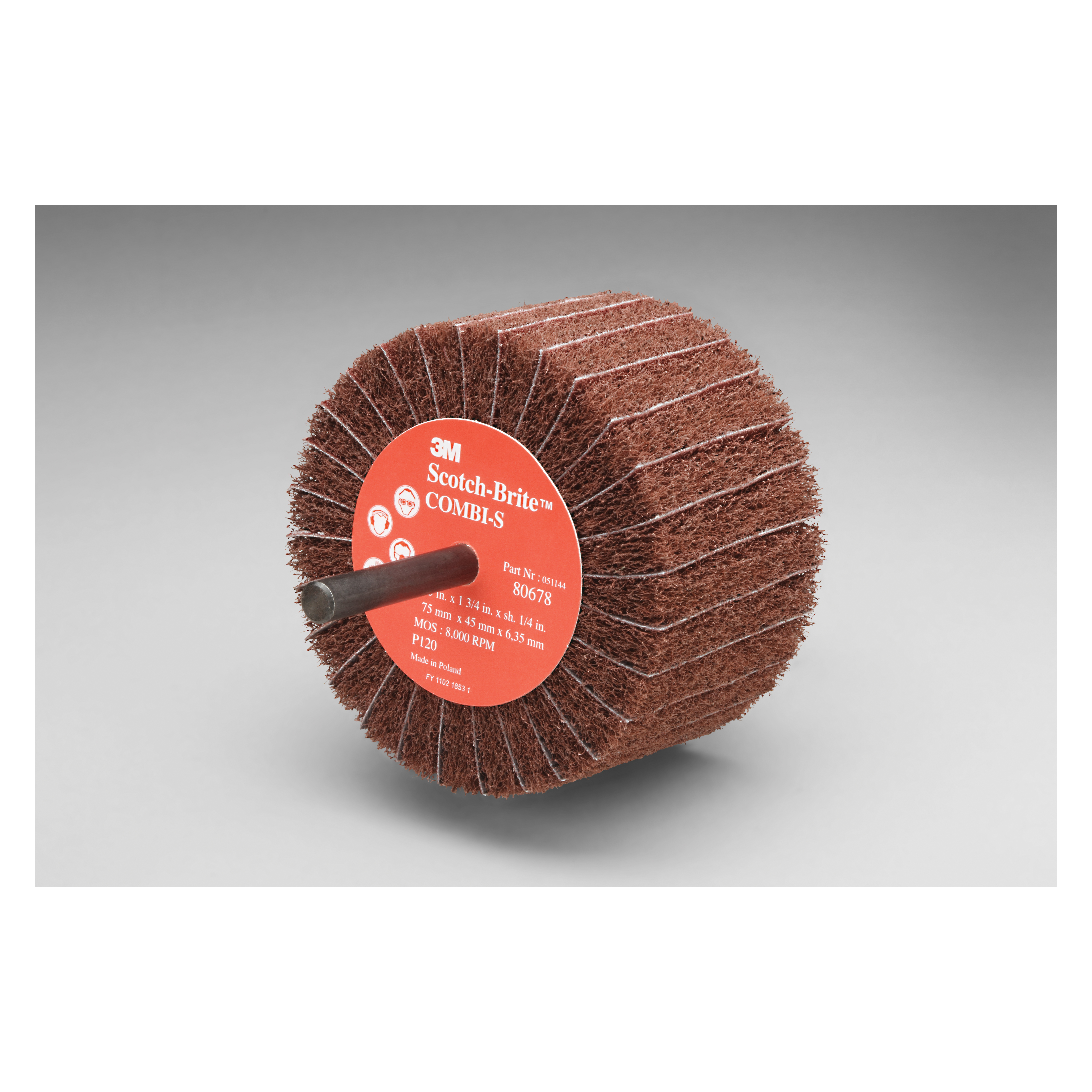 Scotch-Brite™ 7000077965 Combi-S Combi Wheel, 3 in Dia Wheel, 1-3/4 in W Face, 1/4 in Dia Shank, 80 Grit, Medium Grade, Aluminum Oxide Abrasive