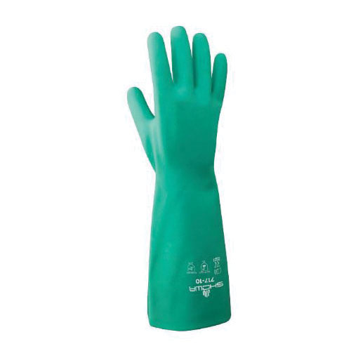 SHOWA® 717 Chemical Resistant Gloves, Nitrile, Light Green, Unlined Lining, 13 in L, Resists: Abrasion, Chemicals and Oil, Unsupported Support, Straight Cuff, 11 mil THK