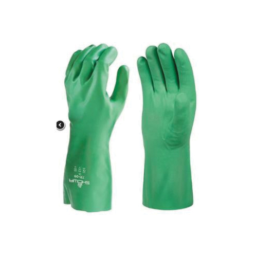 SHOWA® 731-10 Chemical-Resistant Gloves, XL/SZ 10, Nitrile, Green, Flocked Cotton Lining, 13 in L, Resists: Chemicals, Unsupported Support, Gauntlet Cuff, 15 mil THK