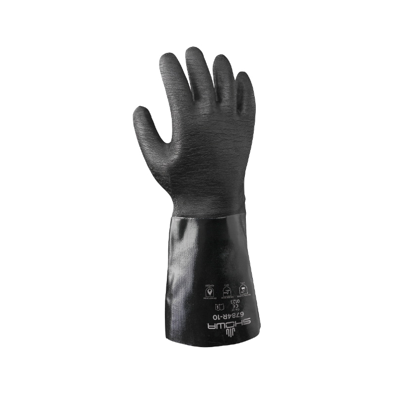 Showa Best® 6784R-10 Heavy Weight Chemical-Resistant Gloves, L/SZ 10, Neoprene, Black, Cotton Lining, 14 in L, Resists: Acid, Abrasion, Caustic, Cut, Oil, Greases and Many Solvent, Gauntlet Cuff, 15 mil THK