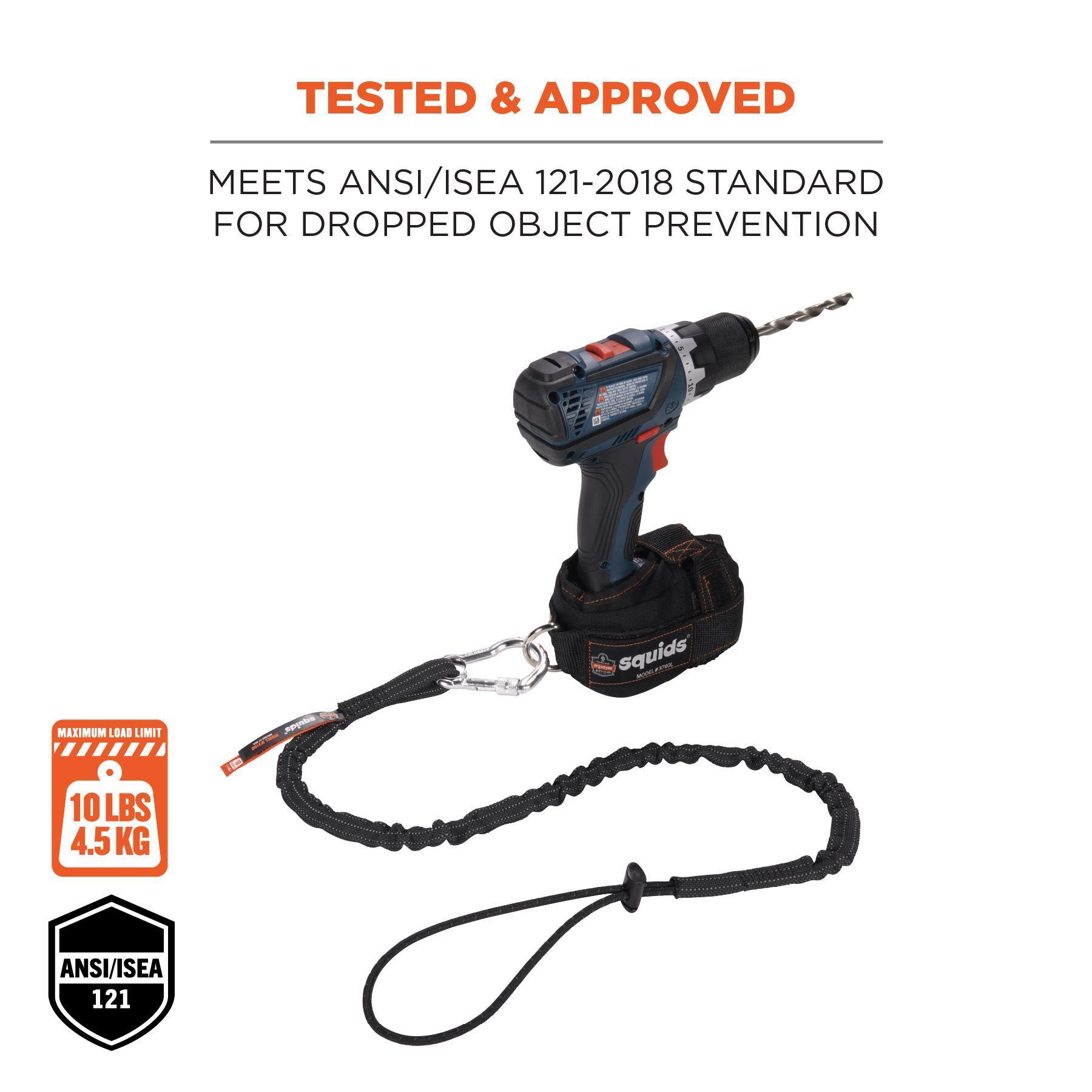 Squids® 19012 3100 Extended Tool Lanyard, 10 lb Load Capcity, 42 to 54 in L, Aluminum Hardware, 1 Leg, Carabineer Anchorage Connection, Nylon Web, Black