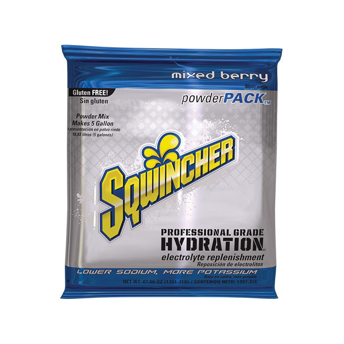 Sqwincher® 159016400 Powder Pack™ Sports Drink Mix, 47.66 oz Pack, 5 gal Yield, Powder Form, Mixed Berry