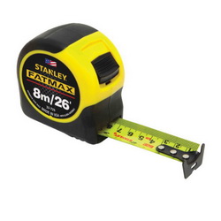 Stanley® FatMax® 33-726 Reinforced Tape Rule With BladeArmor®, 26 ft L x 1-1/4 in W Blade, Mylar® Polyester Film, Fractional/Metric, Metric/Fractional
