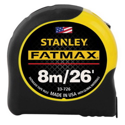Stanley® FatMax® 33-726 Reinforced Tape Rule With BladeArmor®, 26 ft L x 1-1/4 in W Blade, Mylar® Polyester Film, Fractional/Metric, Metric/Fractional