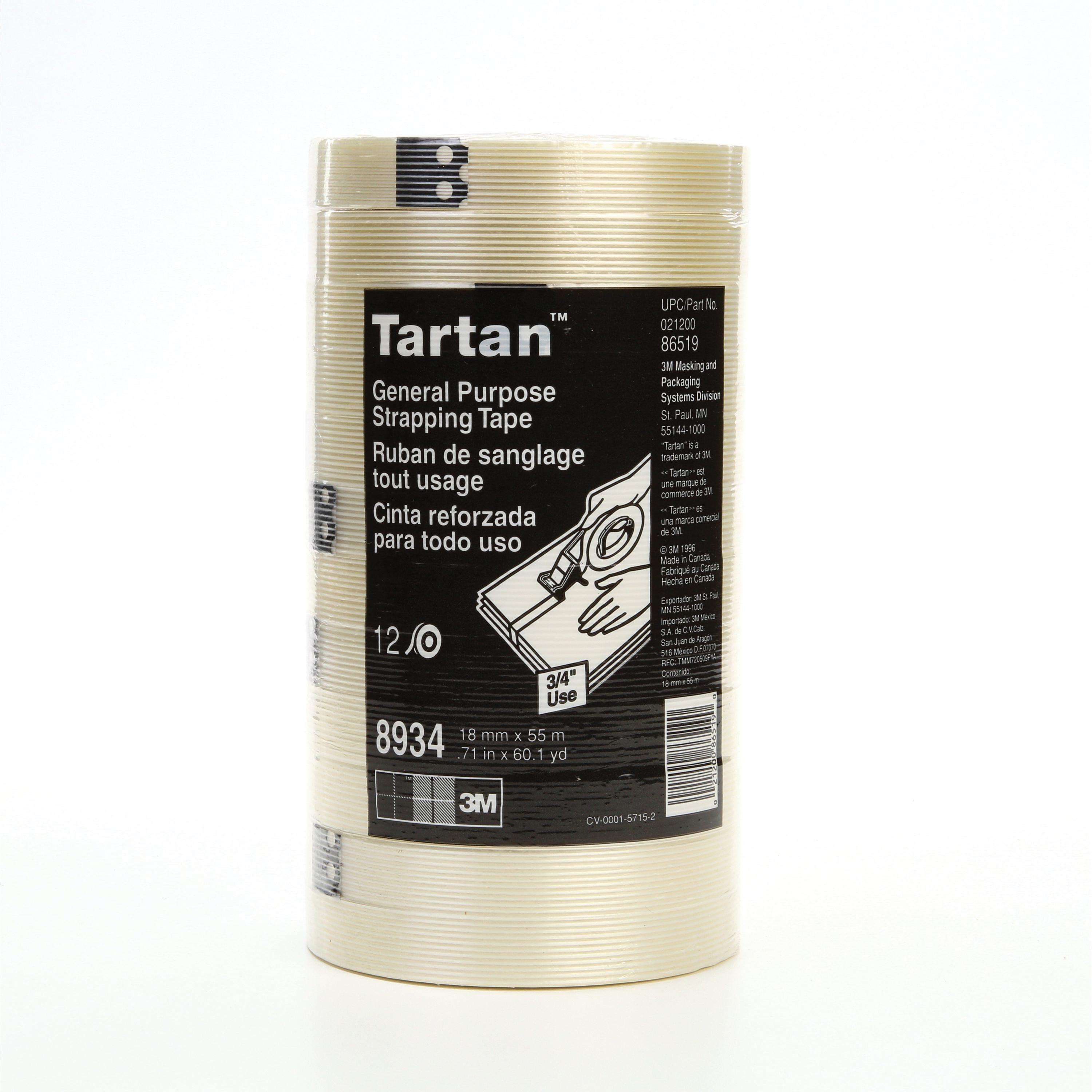 Tartan™ 7000028886 Reinforced Tape, 55 m L x 18 mm W, 4 mil THK, Fiberglass Yarn Filament, Synthetic Rubber Adhesive, Polypropylene Film Backing, Clear