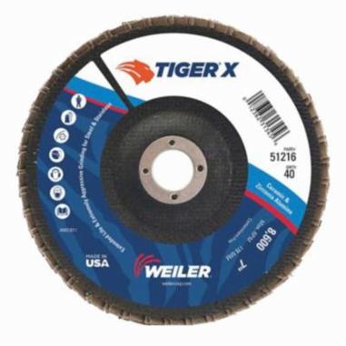 Tiger® X 51205 Standard Density Coated Abrasive Flap Disc, 4-1/2 in Dia Disc, 40 Grit, Coarse Grade, Zirconia Alumina/Ceramic Alumina Abrasive, Type 29/Angled Disc