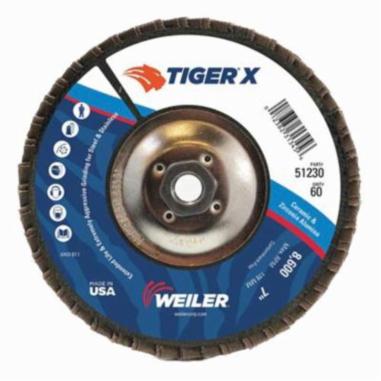 Tiger® X 51224 Standard Density Coated Abrasive Flap Disc, 4-1/2 in Dia Disc, 7/8 in Center Hole, 60 Grit, Medium Grade, Zirconia Alumina/Ceramic Alumina Abrasive, Type 27 Flat Disc