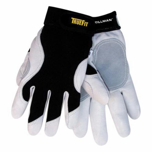 Tillman™ TrueFit™ 1470 Premium Grade General Purpose Gloves, Mechanics, Grain Goatskin Leather Palm, Nylon/Spandex®, Black/White, Elastic Cuff, Uncoated Coating, Resists: Abrasion and Cut, Kevlar® Lining, Reinforced Thumb