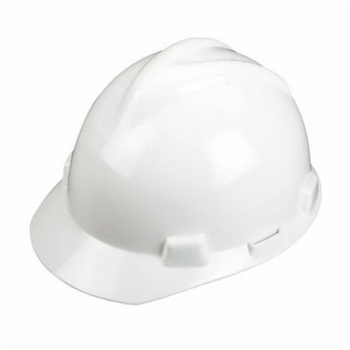 MSA V-Gard® 463942 Cap Style Hard Hat, 6-1/2 Fits Mini Hat, 8 Fits Max Hat, Polyethylene, 4-Point Staz-On® Suspension, ANSI Electrical Class Rating: Class E, ANSI Impact Rating: Type I, Pin Lock Adjustment