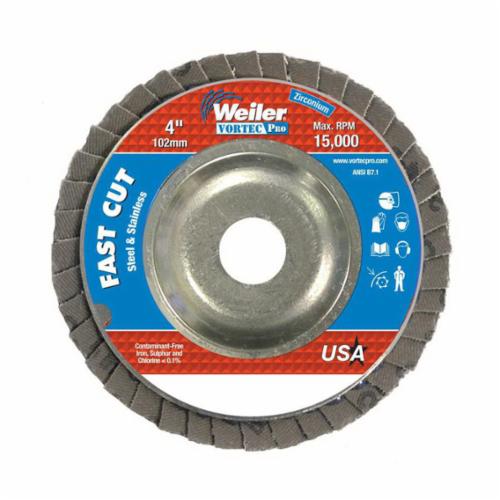 Vortec Pro® Wolverine™ 31339 Fast Cut Coated Abrasive Flap Disc, 4 in Dia Disc, 5/8 in Center Hole, 60 Grit, Medium Grade, Zirconia Alumina Abrasive, Type 29/Angled Disc