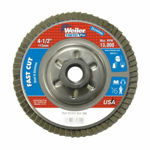 Vortec Pro® Wolverine™ 31309 Fast Cut Coated Abrasive Flap Disc, 4-1/2 in Dia Disc, 7/8 in Center Hole, 60 Grit, Medium Grade, Zirconia Alumina Abrasive, Type 29/Angled Disc