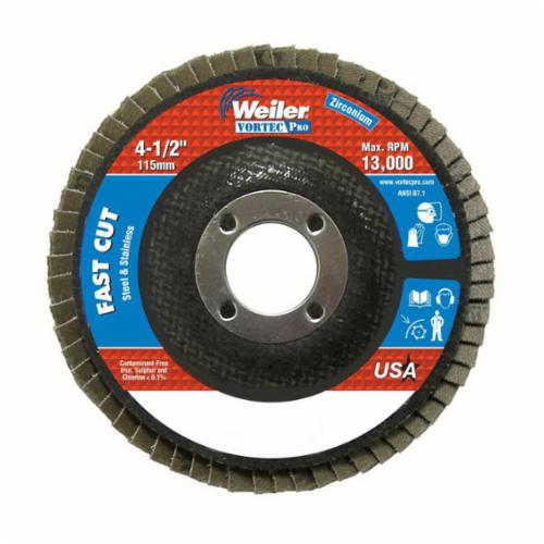 Vortec Pro® Wolverine™ 31403 Fast Cut Coated Abrasive Flap Disc, 4-1/2 in Dia Disc, 7/8 in Center Hole, 60 Grit, Medium Grade, Zirconia Alumina Abrasive, Type 27 Flat Disc