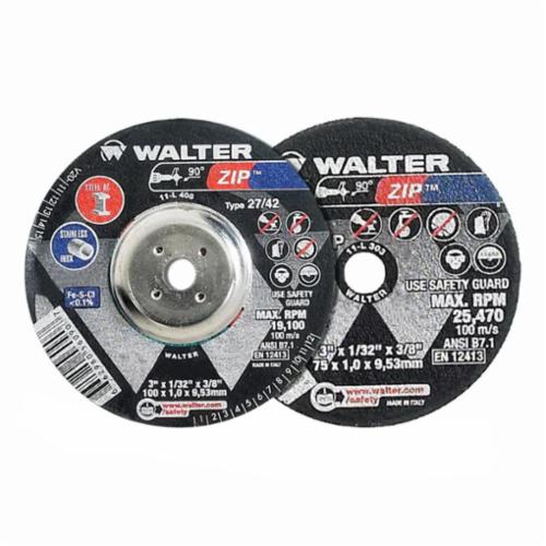 Walter Surface Technologies Zip™ 11T042 Zip™ High Performance Thin Cut-Off Wheel, 4-1/2 in Dia x 3/64 in THK, 7/8 in Center Hole, A-60-ZIP Grit, Aluminum Oxide Abrasive